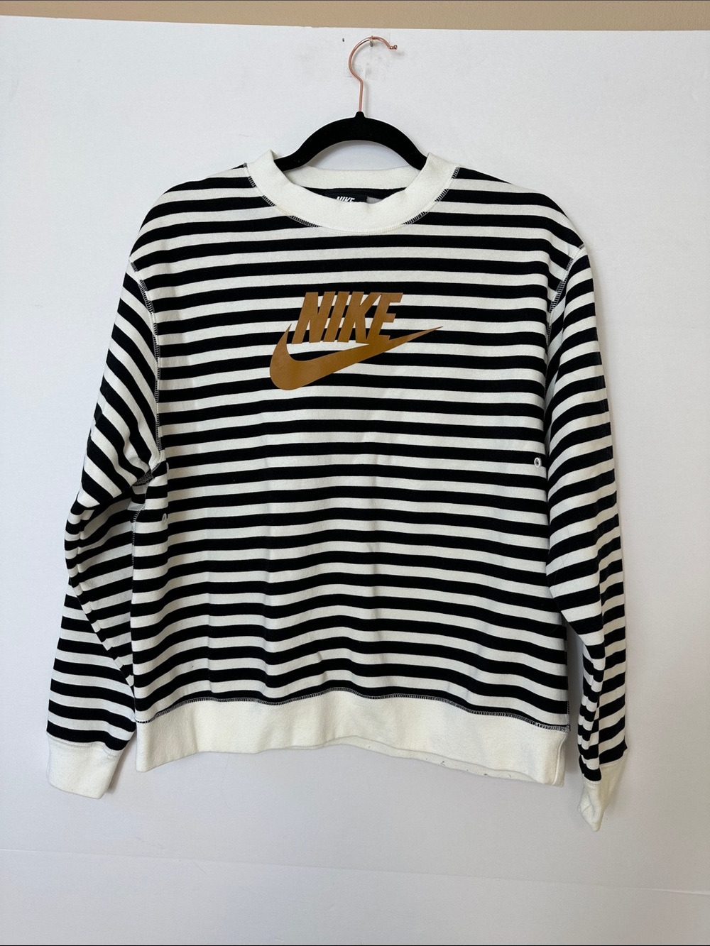 Nike Women’s Black and White Striped Crewneck Sweatshirt with Gold Swoosh